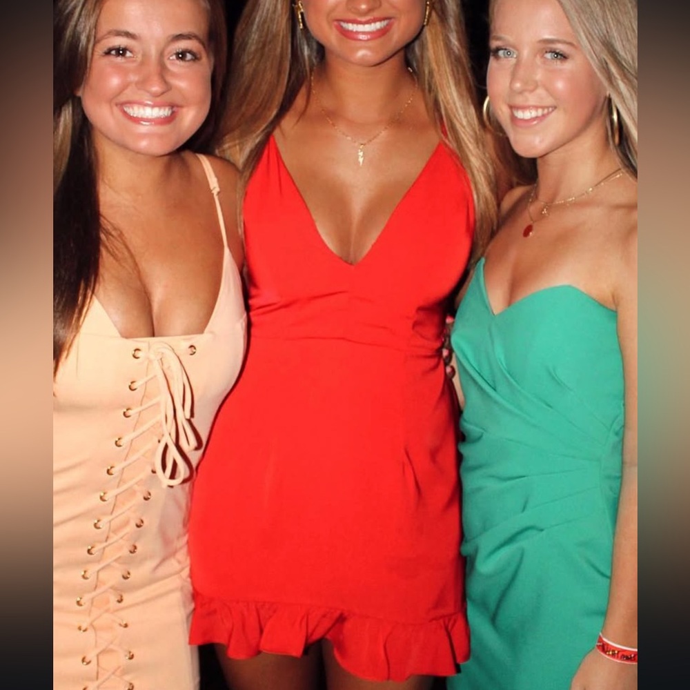 Superdown V neck Red Dress with Ruffle Hem